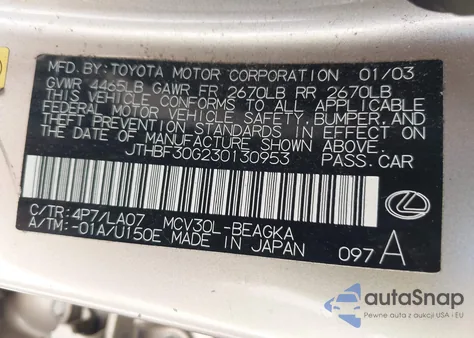 2003 Lexus Es 300 from USA, damaged, VIN JTHBF30G230130953